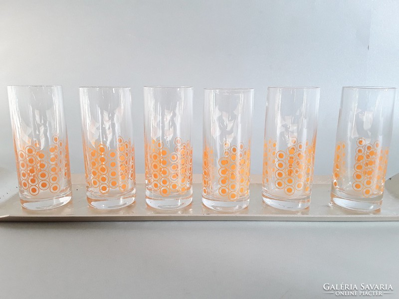 Colored, orange patterned, polka dot, retro, vintage, brandy, aperitif glass set on a tray