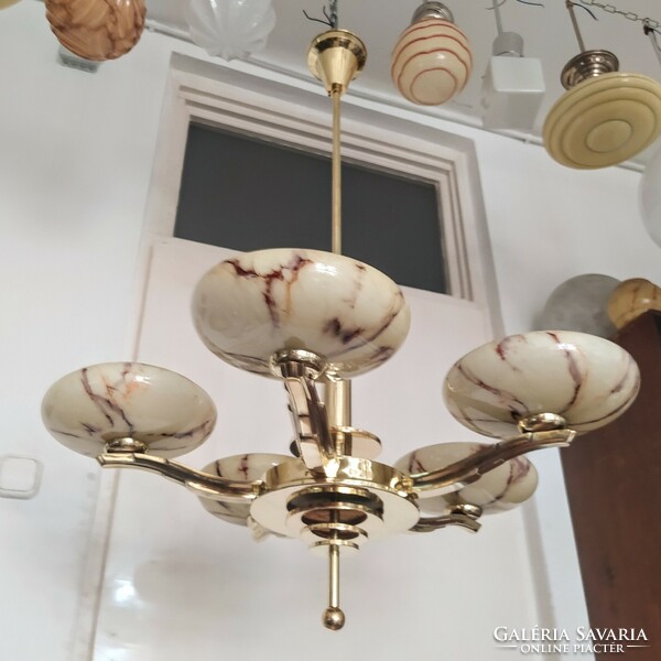 Art deco - streamlined 5-arm copper chandelier with renovated marbled shades
