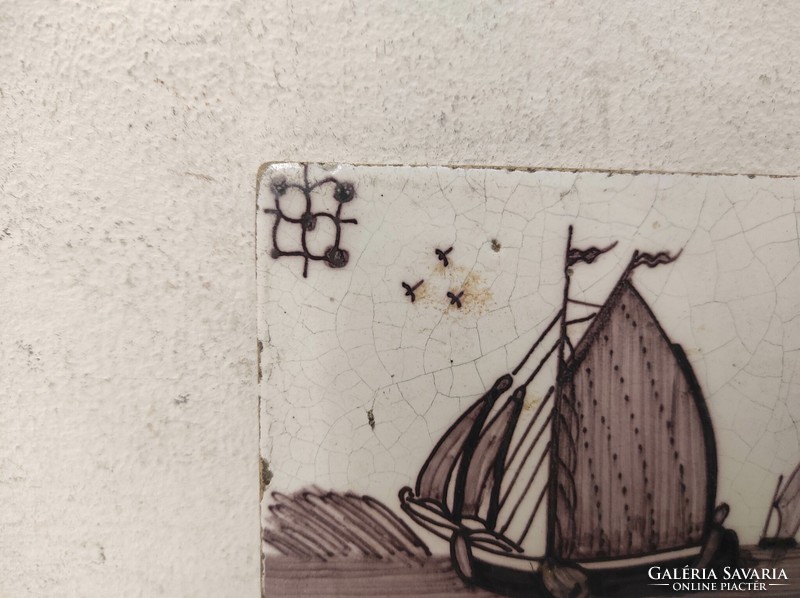 Antik delfti csempe 18-19. század barna vitorlás hajó Delft 556 7517