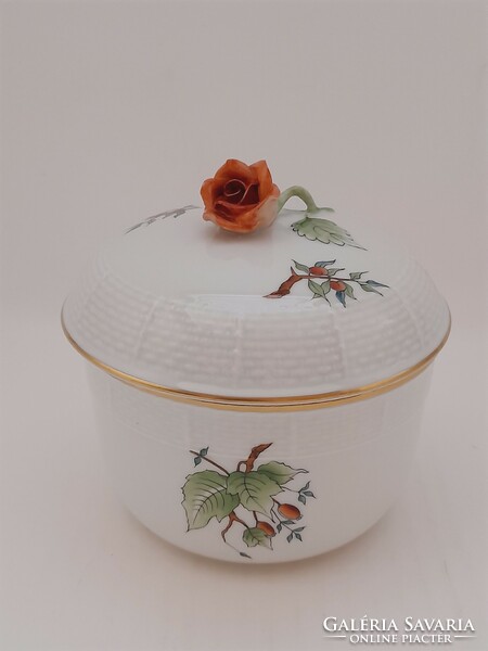 Herend rosehip, Hecsedli pattern large sugar bowl, bonbonnier, 12 cm