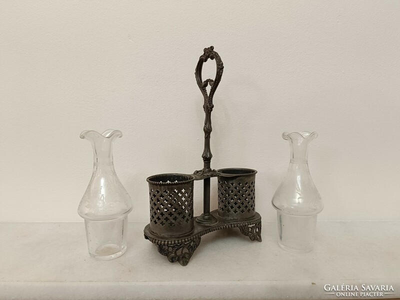Antique Biedermeier kitchen utensil with 2 polished bottles for oil and vinegar 933 7615