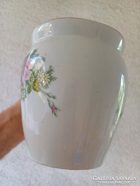 Antique belly mug with large flower pattern, rose decoration.
