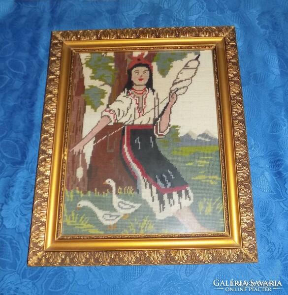 Antik goblein gobelin "Libapásztor lány" üvegezett képkeretben 41,5*50 cm