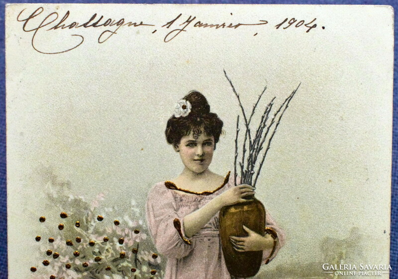 Antique a&m b welcome bronze pasting litho postcard girl with jug spring