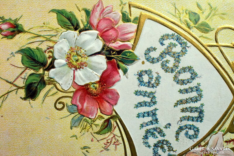 Antique embossed New Year greeting Art Nouveau postcard with wild rose