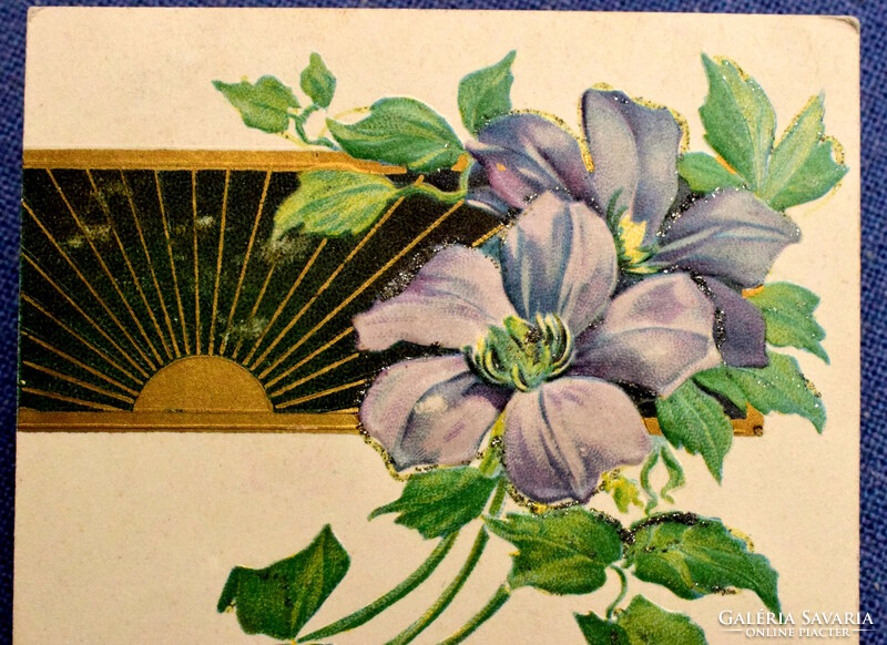 Antique embossed art nouveau glitter postcard clematis golden sun