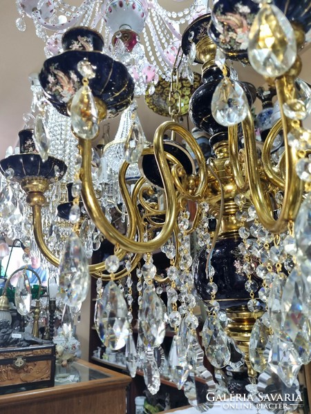 Refurbished crystal pendant chandelier with porcelain insert