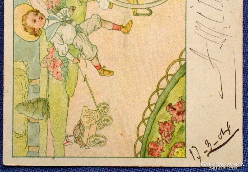 Antik grafikus üdvözlő litho képeslap játszó gyerekek kis szekér bohóc kutyus