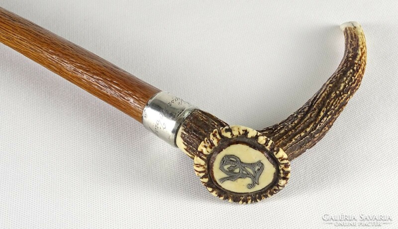 1M987 old silver ring hiking stick with antler head 91.5 Cm