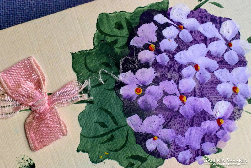 Antik kézzel festett képeslap virágcsokor valódi selyemszalaggal