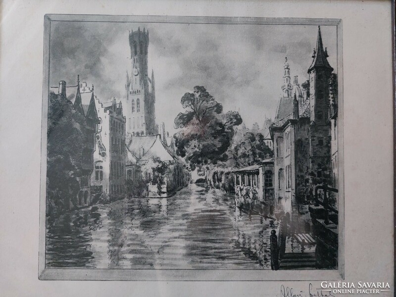 Goethals (1885-1973): Bruges cityscape, engraving