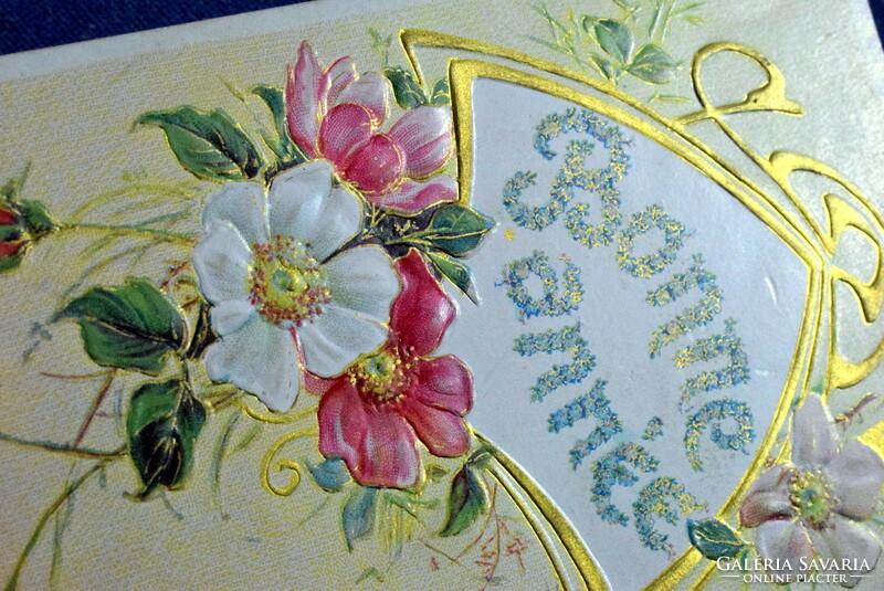 Antique embossed New Year greeting Art Nouveau postcard with wild rose