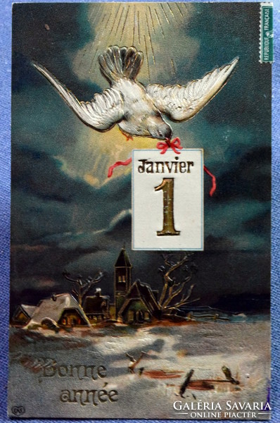 Antik dombornyomott Újévi üdvözlő  képeslap galamb levél éjszaka téli táj