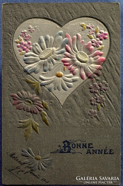 Antique embossed New Year greeting card painted satin heart flowers