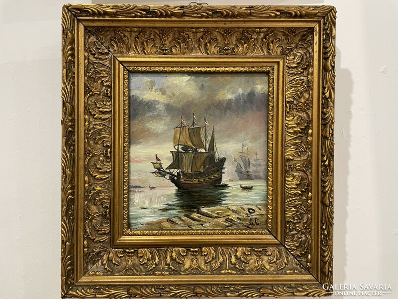 Antique Dutch ship painting sea pirate ship battleship