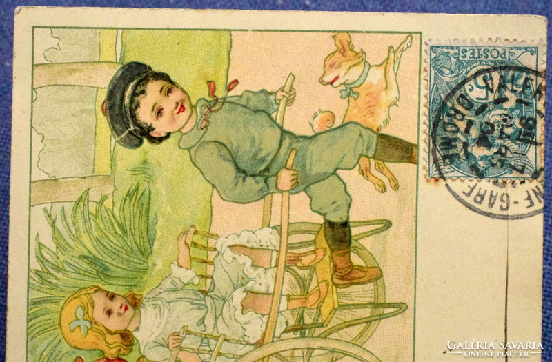 Antik grafikus üdvözlő litho képeslap játszó gyerekek kis szekér bohóc kutyus