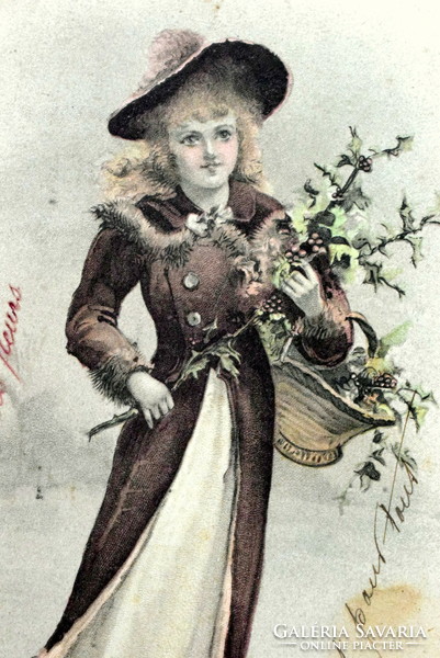 Antique a&m b greeting card girl with holly branch