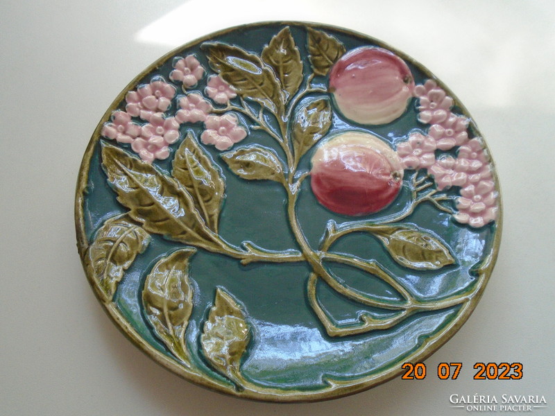 19th French majolica wall plate with raised peach flowers and fruit hand-painted patterns