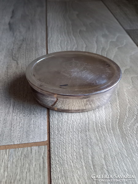 Szép régi koronás ezüstözött ékszertartó doboz (10x7x3,2 cm)