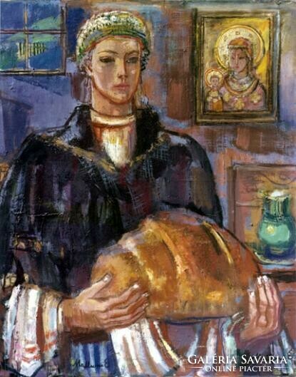 Mattioni Eszter (1902-1993) Új kenyér 65x45cm | Új kenyér ünnepe Fiatal Nő Népviseletben