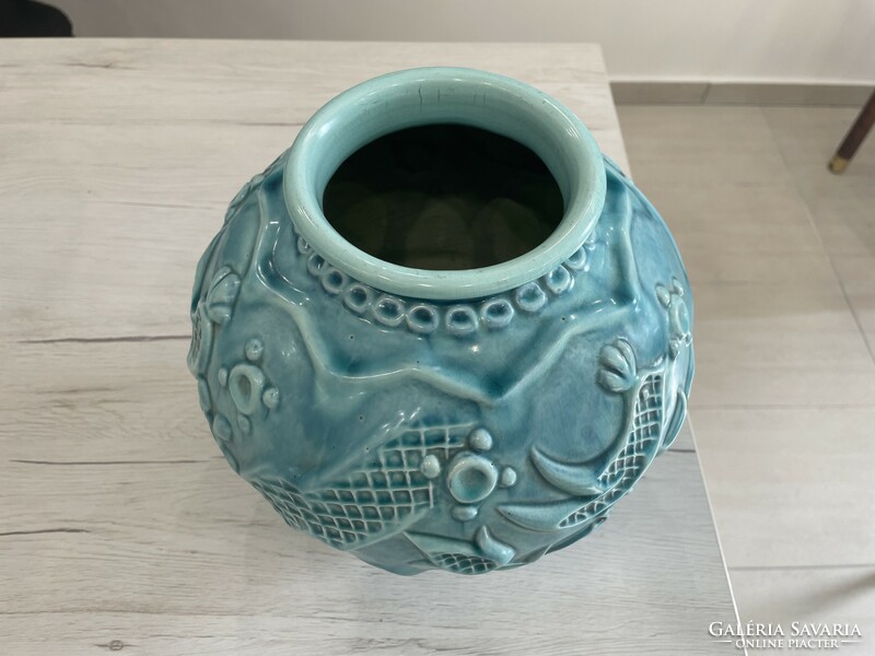 Zsolnay underglaze bird basket vase designed by András Sinkó