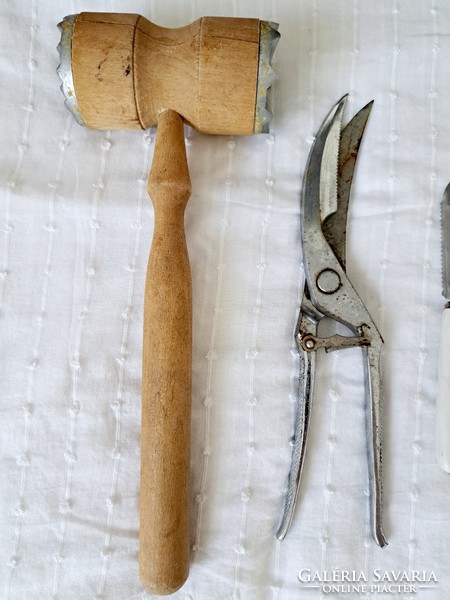 Retro, vintage kitchen tools: meat grinder, poultry / chicken shears, potato peeler, potato slicer together