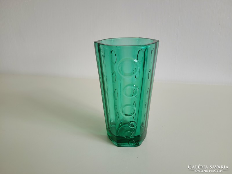 Retro circular convex pattern turquoise thick-walled green glass vase old glass vase mid century