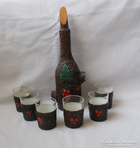 Tree trunk, grape pattern short drink, liqueur, cognac set, 6 persons (glass, bottle, flask)