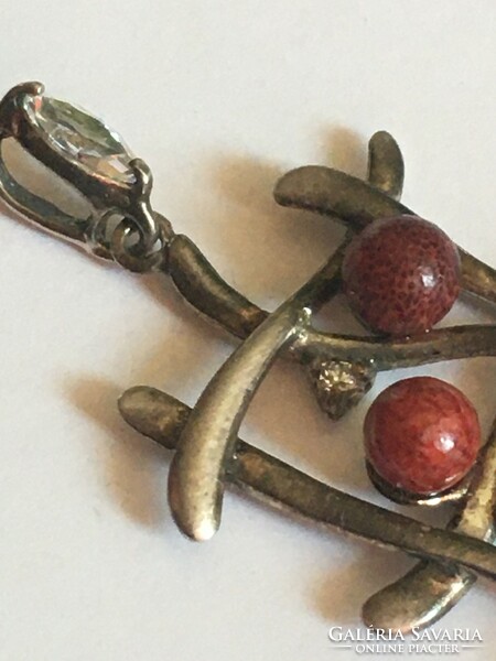 Pendant-silver, coral, crystal-metal and fineness-marked 925