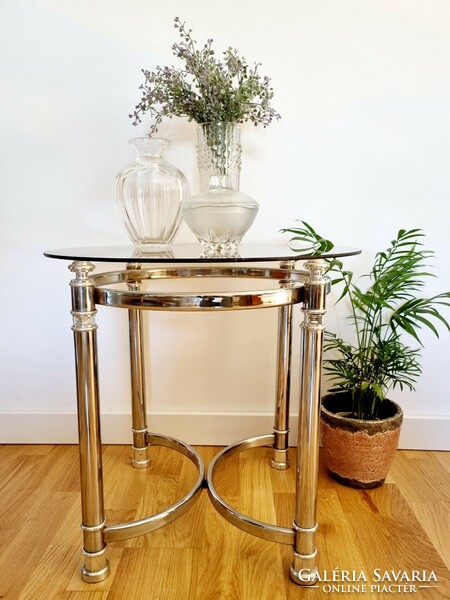 Vintage French style, silver side table, glass table