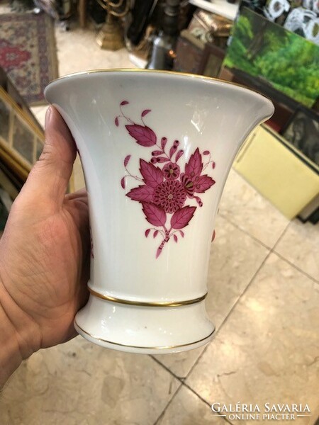 Purple Indian Herend porcelain vase with basket, 16 cm.