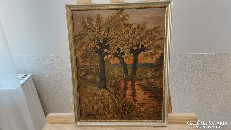 (K) Szignózott tájképfestmény patakkal, fákkal 30x38 cm kerettel