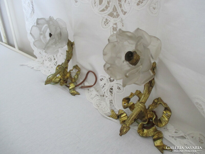 Antique Art Nouveau bronze wall arm pair with French rose glass shade