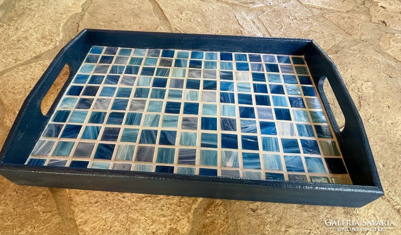 Egyedi stílusos Kézműves ajándék kék üveg Mozaik fa tálca