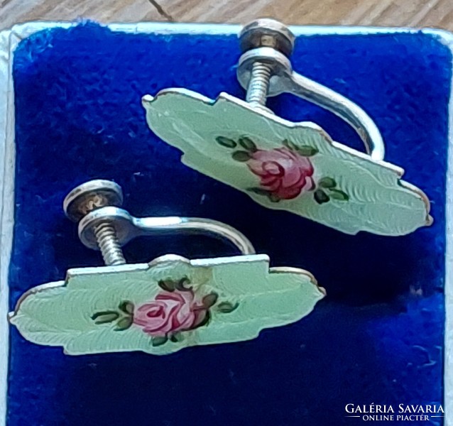 Vintage silver earrings with enamel inlay and screw lock