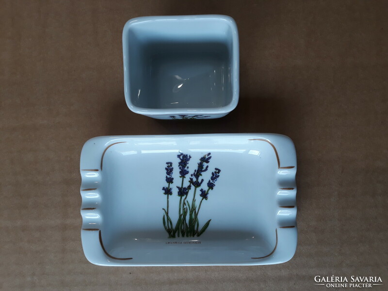 Old Hólloháza porcelain lavender smoking and ashtray set