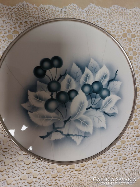 Old, retro base metal cake plate, offering, with a beautiful cherry or cherry pattern porcelain insert