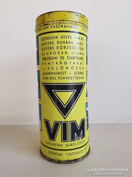 VIM háztartási súrolószer Albertfalvai vegyigyár fémdoboz 6,5x6,5x17 cm