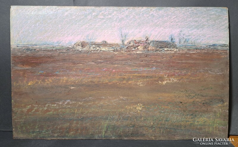 László Ugocsa: farmhouse (picture gallery oil painting) pasty landscape, lowlands, plains, houses