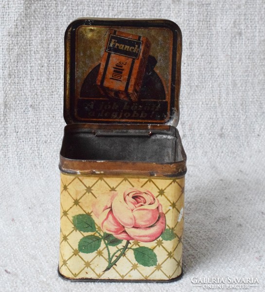 Franck régi fémdoboz , antik kávé doboz , dísz reklámanyag 9,3 x 9,3 x 10 cm