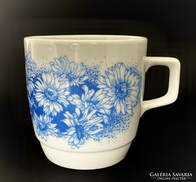 Zsolnay 2 mug display cases with blue floral skirts