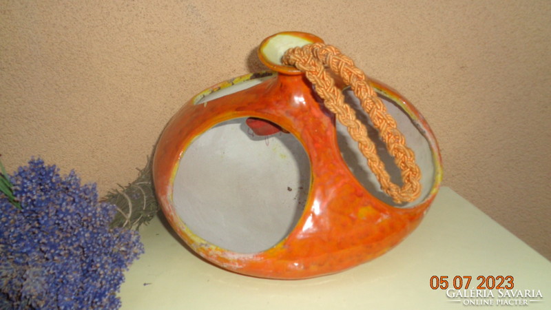 Béla Mihály: hanging ceramic bowl with three openings, 27 x 21 cm
