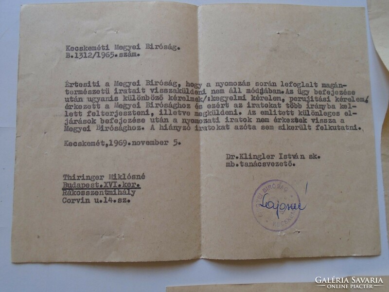 ZA287.13 Kecsekemét -Bíróság - Dr. Berend György - Thiringer -Rákosszentmihály 1969