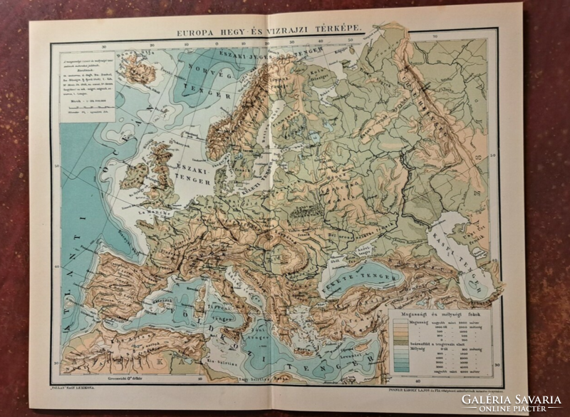 "Európa  hegy- és vizrajzi térképe" térkép melléklet a Pallas lexikonból