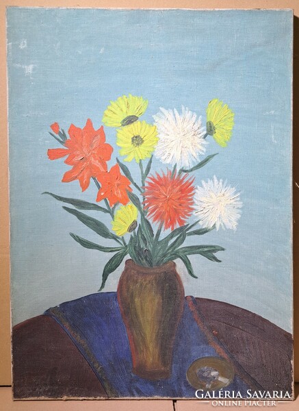 Flower still life with ashtray - 1965 - retro, social real oil painting