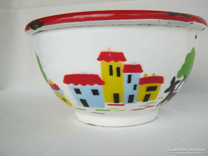 Marked old Hungarian enamel bowl with Csac house wood pattern