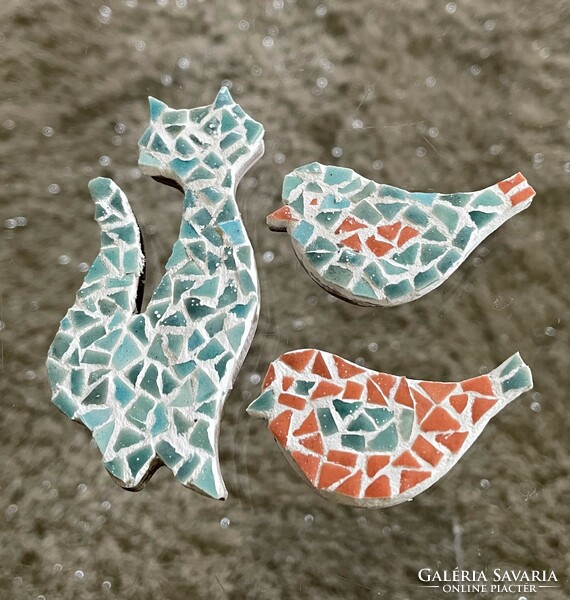 Turquoise and pink ceramic mosaic cat cat bird squirrel fridge magnet
