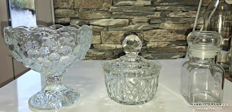 Crystal sugar bowl, glass spice bowl and goblet