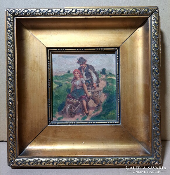 Wheelbarrow - cheerful peasant life - oil painting with frame, earthy sign
