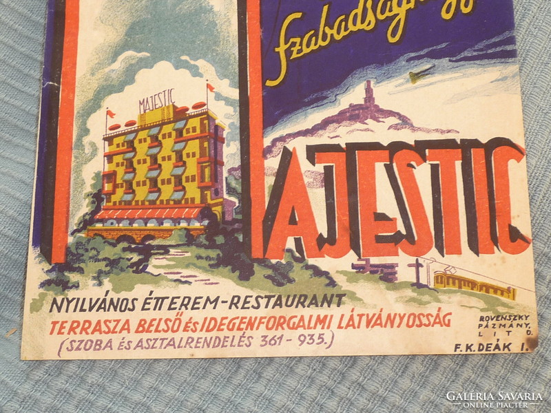 Régi villamos plakát kisplakát háború előtti plakát Majestic szálló reklám plakát Rovenszky lito